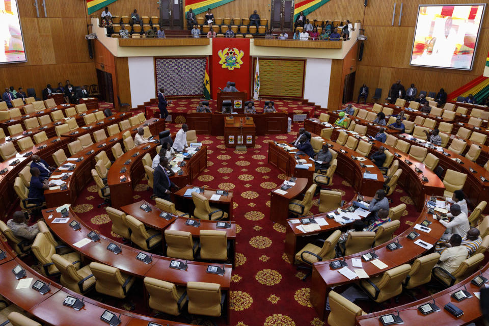 Speaker of Ghana Parliament Alban Sumana Bagbin speaks at the Parliament House in Accra, Wednesday, Feb. 28, 2024. Ghana's parliament passed a highly controversial anti-LGBTQ+ bill on Wednesday that could send some people to prison for more than a decade. The bill was introduced to parliament three years ago and criminalizes members of the LGBTQ+ community as well as its supporters, including promotion and funding of related activities and public displays of affection. (AP Photo/Misper Apawu)