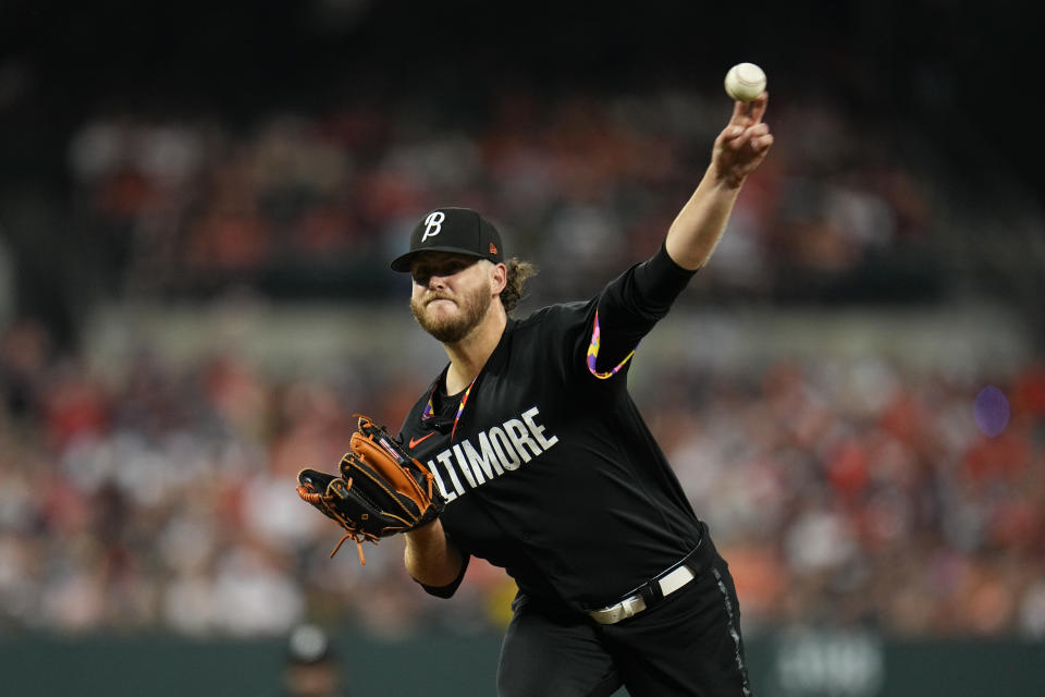 Baltimore Orioles starting pitcher Cole Irvin throws to the Colorado Rockies during the third inning of a baseball game, Friday, Aug. 25, 2023, in Baltimore. (AP Photo/Julio Cortez)