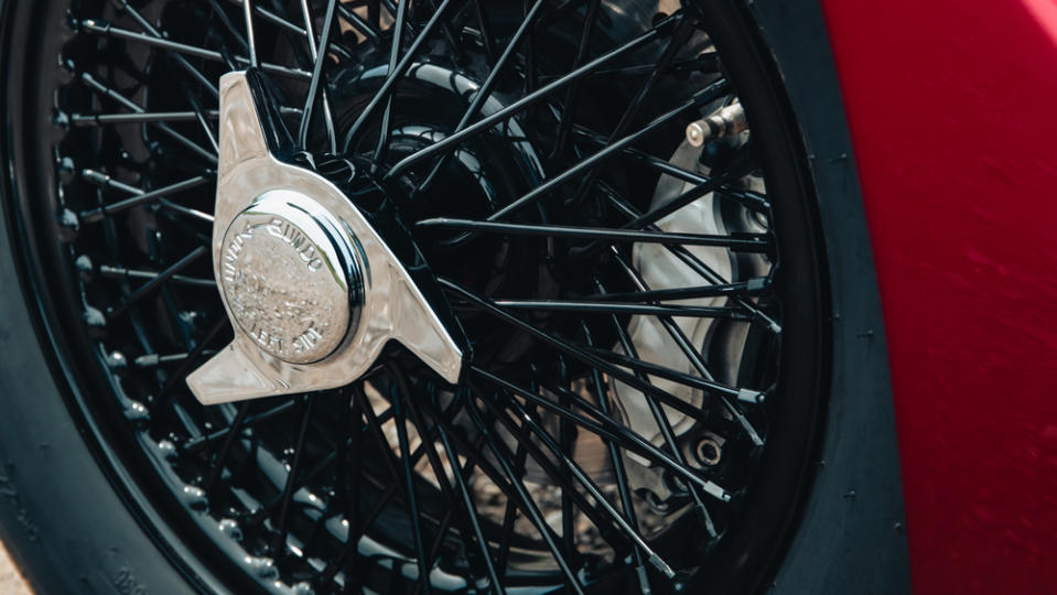 A close-up of a wheel on the Healey by Caton.