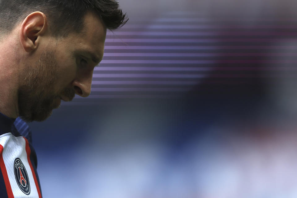 PSG's Lionel Messi reacts during the French League One soccer match between Paris Saint-Germain and Lorient, at the Parc des Princes stadium in Paris, Sunday, April 30, 2023. (AP Photo/Aurelien Morissard)