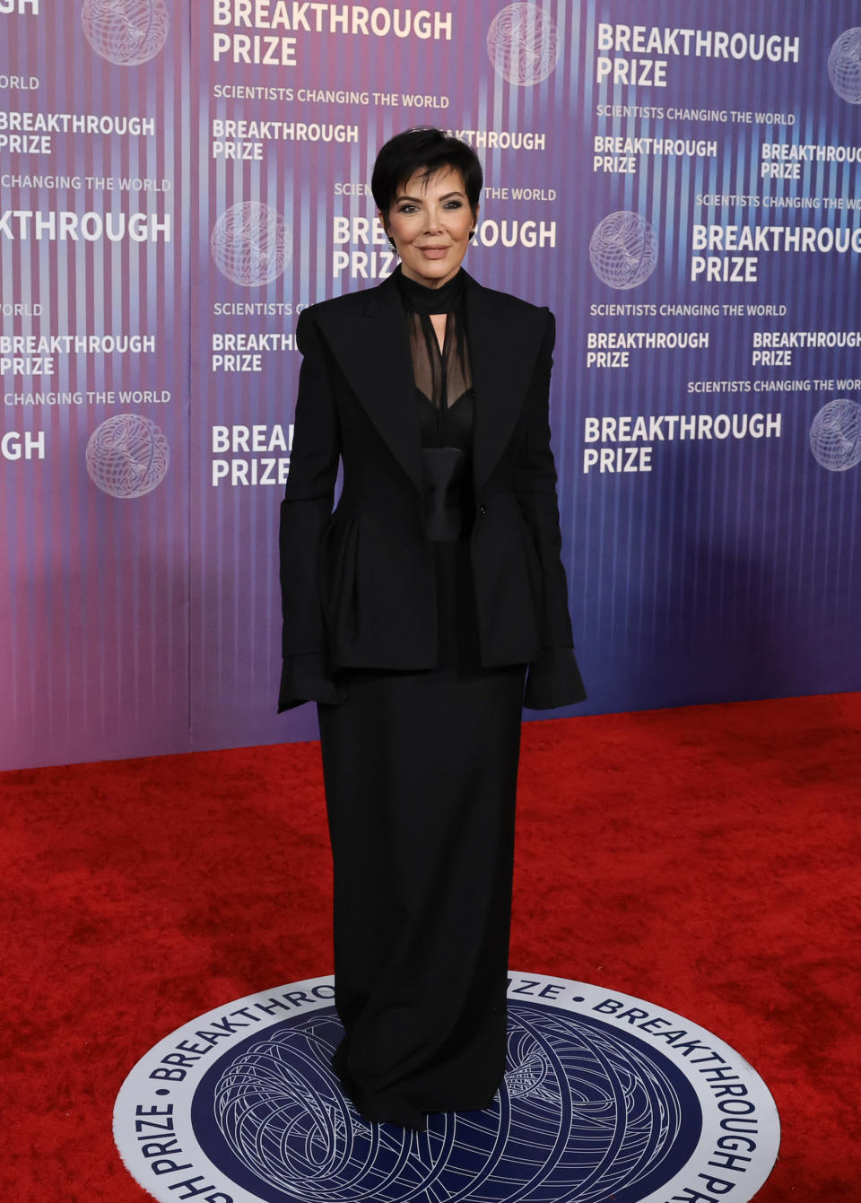 LOS ANGELES, CALIFORNIA - APRIL 13: Kris Jenner attends the 10th Annual Breakthrough Prize Ceremony at Academy Museum of Motion Pictures on April 13, 2024 in Los Angeles, Calif., wearing a custom sheer black Nina Ricci gown. 