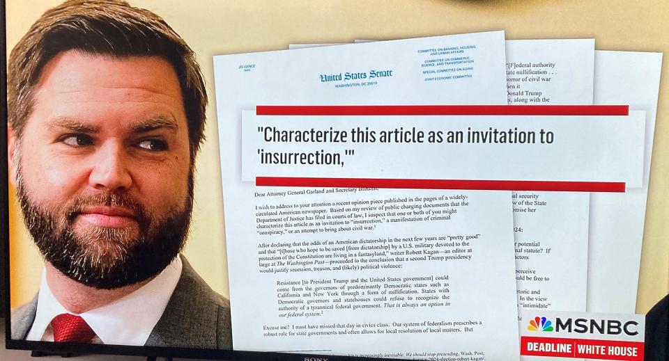 U.S. Sen. J.D. Vance drew fire from Democrats after penning an open letter to Attorney General Merrick Garland and Secretary of State Anthony Blinken responding to a Washington Post column by scholar-columnist Robert Kagan. His letter stated that Justice Department prosecutors "have embraced several stunningly broad interpretations of federal law in their bid to ensnare President Trump in criminal wrongdoing."