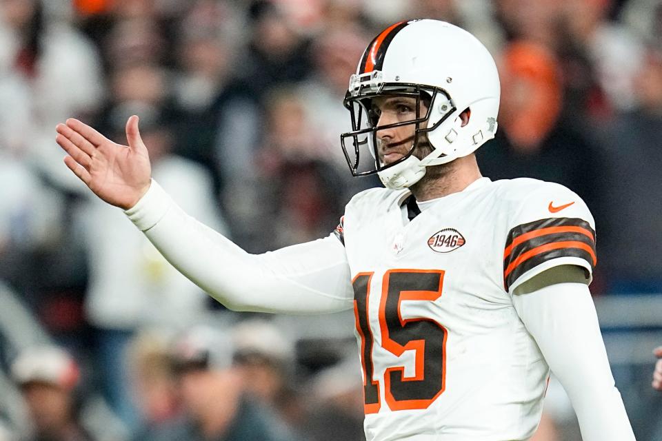 Cleveland Browns quarterback Joe Flacco celebrates after a first down against the New York Jets on Dec. 28, 2023, in Cleveland.