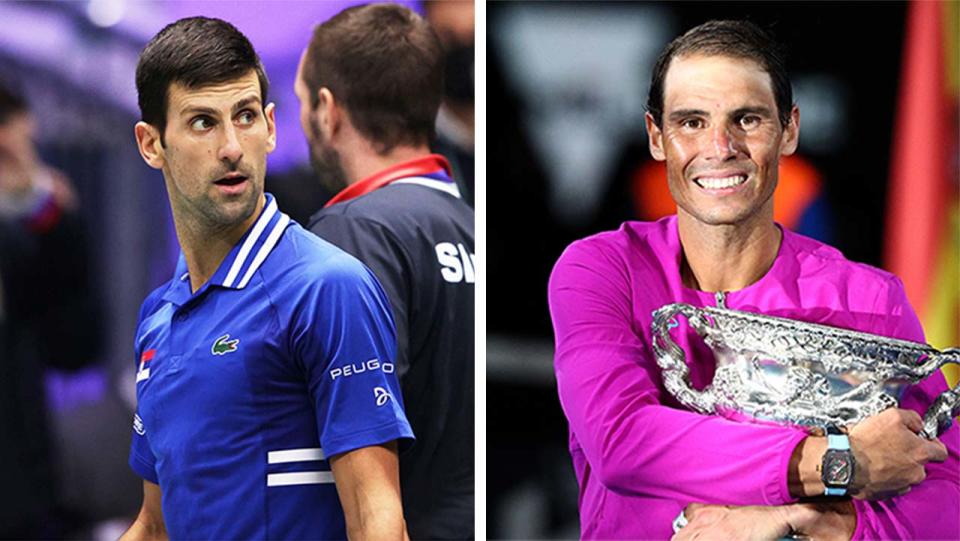 Rafa Nadal (pictured right) holding the Australian Open trophy and (pictured left) Novak Djokovic looking on during a match.