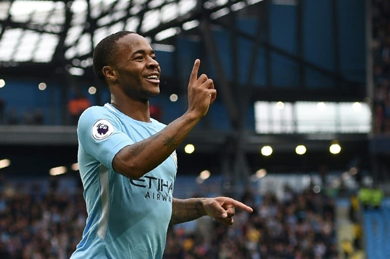 Manchester City's midfielder Raheem Sterling celebrates after scoring during the English Premier League football match against Crystal Palace September 23, 2017