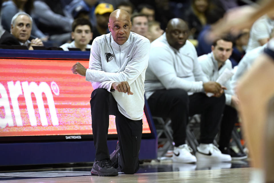 DePaul head coach Tony Stubblefield watches play in the second half of an NCAA college basketball game against UConn, Tuesday, Jan. 2, 2024, in Storrs, Conn. (AP Photo/Jessica Hill)