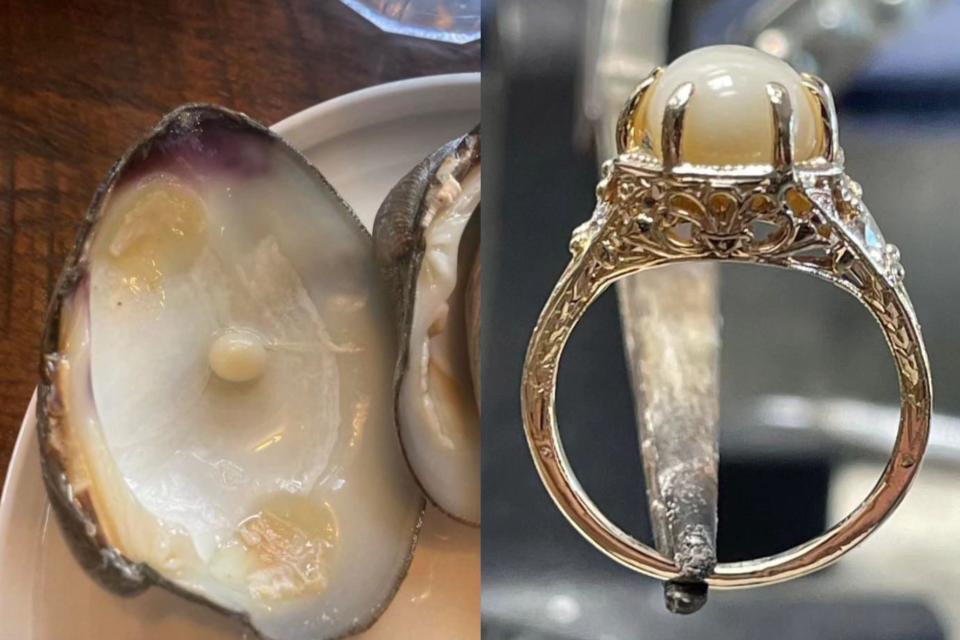 美國一名女子吃蛤蜊時吃到珍珠，男友決定把珍珠做成訂婚戒指。（翻攝自bridgerestaurantri IG）