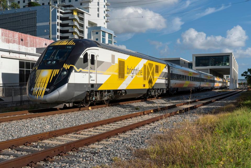 A Brightline train leaves the station in West Palm Beach, Florida on September 6, 2023.