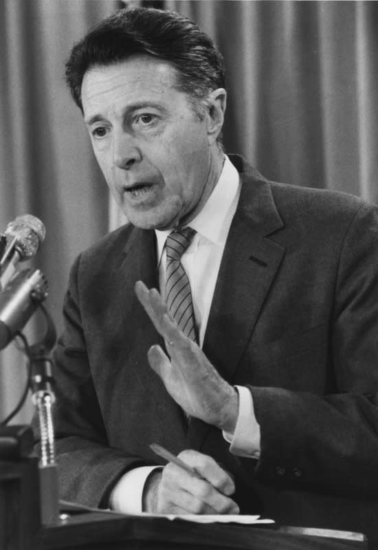 On December 24, 1992, President George H.W. Bush pardoned former Defense Secretary Caspar Weinberger for his role in the Iran-Contra affair. UPI File Photo