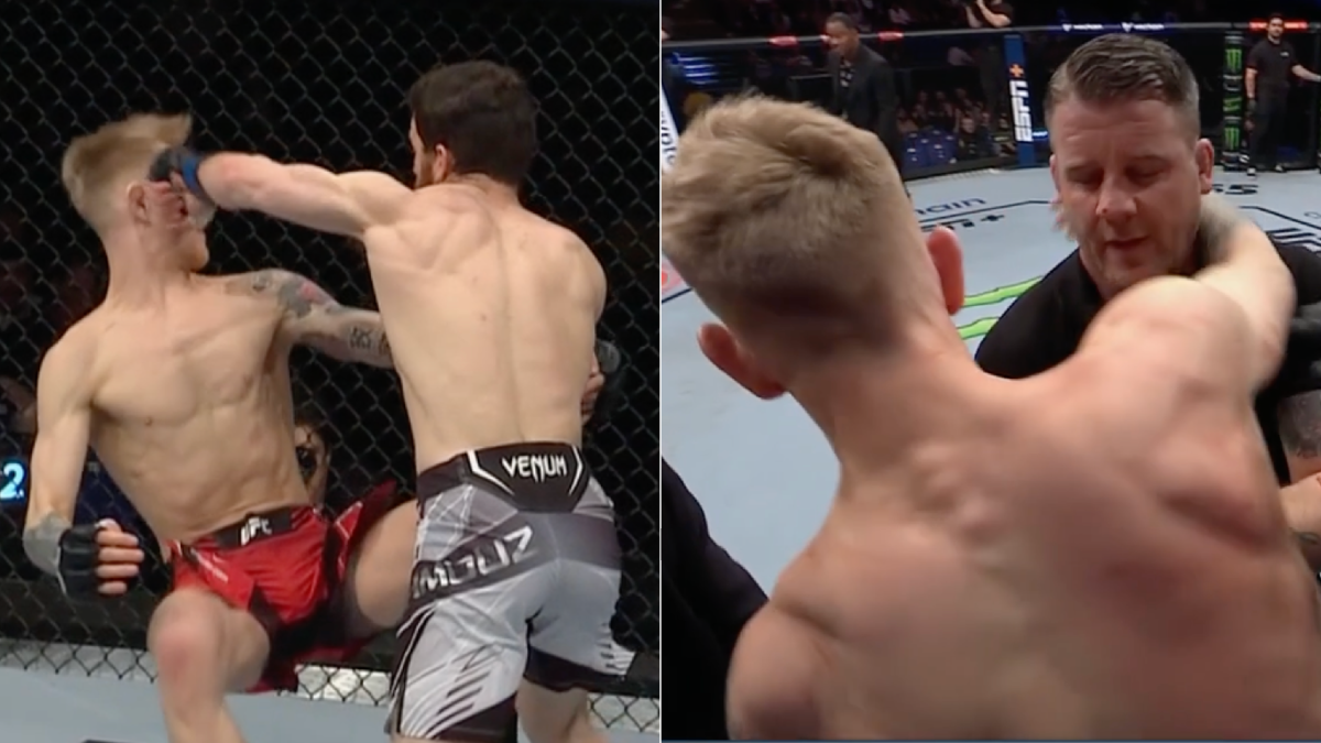 UFC 286 video Yanal Ashmoz mid-air punch leads to woozy Sam Patterson grappling referee Marc Goddard