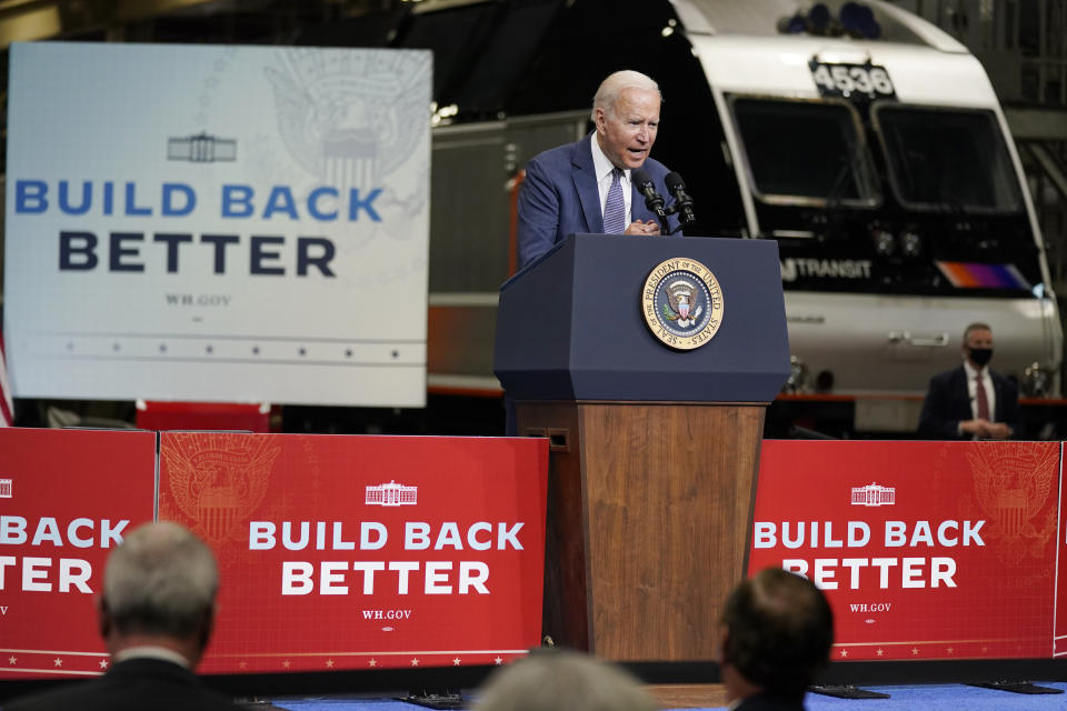 President Joe Biden delivers remarks at NJ Transit Meadowlands Maintenance Complex to promote his 