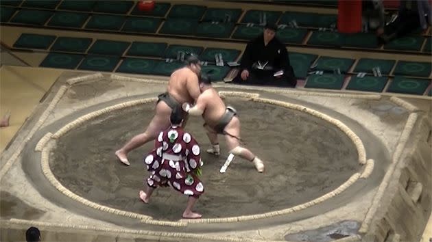 The shot from Mamu that ended the bout in seconds. Pic: Sumo Channel