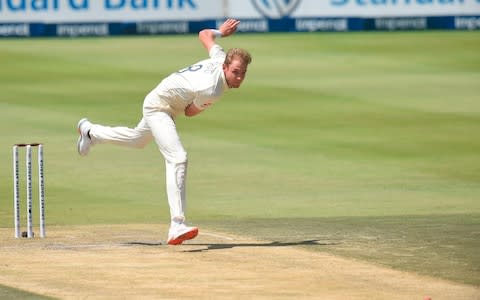 England's Stuart Broad delivers a ball to South Africa's Dwaine Pretorius during the third day of the fourth Test cricket match between South Africa and England at the Wanderers Stadium in Johannesburg on January 26, 2020 - Credit: AFP