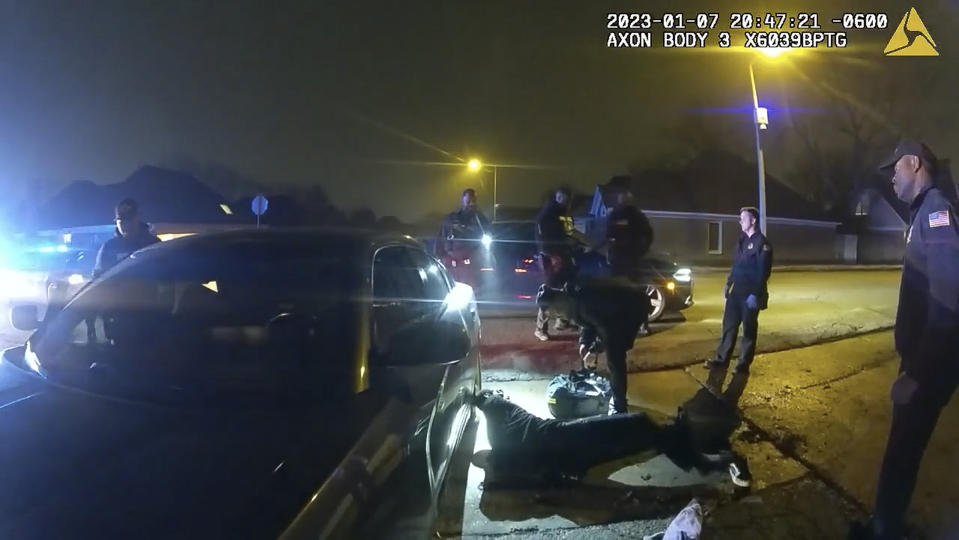 The image from video released on Jan. 27, 2023, by the City of Memphis, shows Tyre Nichols being treated by paramedics after a brutal attack by five Memphis police officers on Jan. 7, 2023, in Memphis, Tenn. Nichols died on Jan. 10. The five officers have since been fired and charged with second-degree murder and other offenses. (City of Memphis via AP)