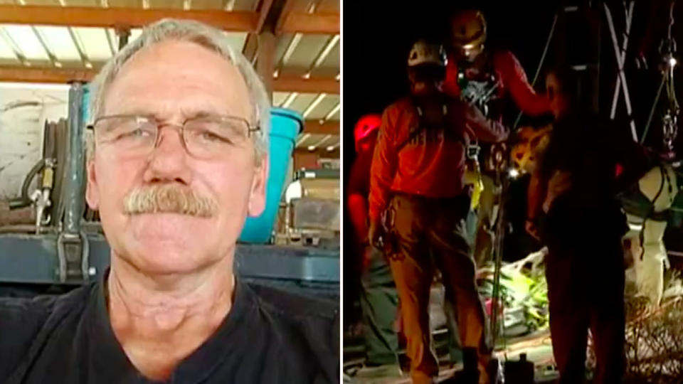 John Waddell (left) fell down a mine shaft in Arizona and it took rescuers six hours to get him out. Source: 7 News