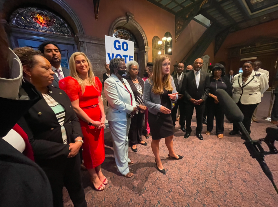 S.C. Rep. Spencer Wetmore, D-Charleston, speaks with the House Democratic Caucus on Tuesday, Aug. 30, 2022, after the House recessed during the abortion debate.