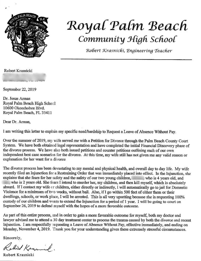 A letter Robert Krasnicki wrote to his principal, Dr. Jesús Armas, in September 2019, requesting a leave of absence. Krasnicki detailed his wife's fears that he would kill her, their children and then himself. He called those concerns "absurd."