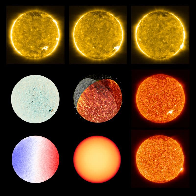 Imágenes del Sol tomadas con Polarimetric and Helioseismic Imager (PHI) y Extreme Ultraviolet Imager (EUI) de la nave espacial Solar Orbiter se ven en una combinación de fotografías publicadas por la NASA el 16 de julio de 2020