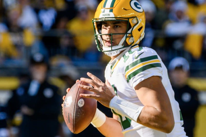 Green Bay Packers quarterback Jordan Love throws in the first quarter against the Pittsburgh Steelers on Sunday at Acrisure Stadium in Pittsburgh. Photo by Archie Carpenter/UPI