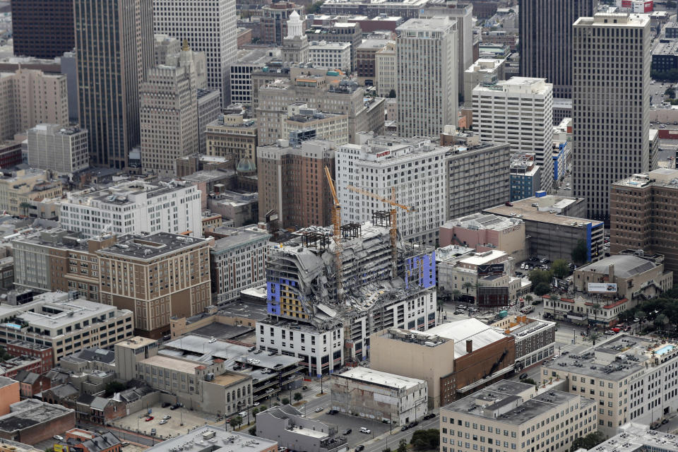 This aerial photo shows the Hard Rock Hotel, which was under construction, after a fatal partial collapse in New Orleans, Saturday, Oct. 12, 2019. (AP Photo/Gerald Herbert)