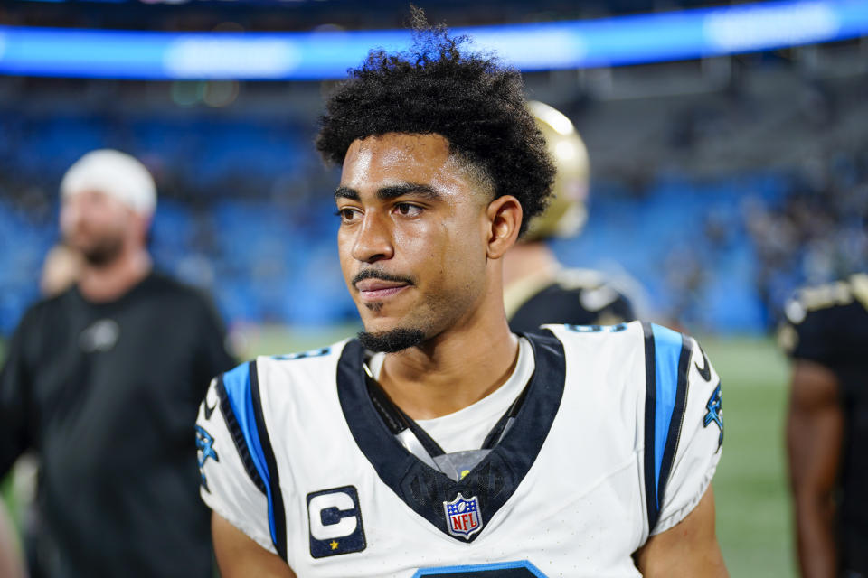 Carolina Panthers quarterback Bryce Young leaves the field after their loss against the New Orleans Saints in an NFL football game Monday, Sept. 18, 2023, in Charlotte, N.C. (AP Photo/Jacob Kupferman)