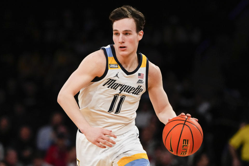 FILE - Marquette's Tyler Kolek (11) plays during the first half of an NCAA college basketball game against St. John's in the quarterfinals of the Big East conference tournament Thursday, March 9, 2023, in New York. Kolek was named to the preseason AP All-America men’s NCAA college basketball team, revealed Monday, Oct. 23, 2023. (AP Photo/Frank Franklin II, File)