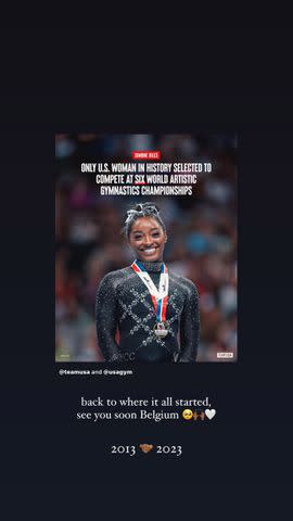 <p>Ezra Shaw/Getty; simonebiles/Instagram</p> Simone Biles celebrated her achievement with a post on Instagram.