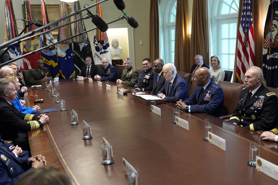 President Joe Biden speaks at the beginning of his meeting with the Combatant Commanders in the Cabinet Room of the White House in Washington, Wednesday, May 15, 2024, before hosting them for a dinner. (AP Photo/Susan Walsh)