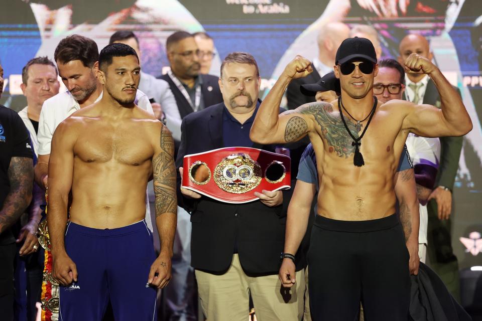 Jai Opetaia (left) and Mairis Briedis pose after weighing in ahead of the vacant IBF cruiserweight title fight (Getty Images)