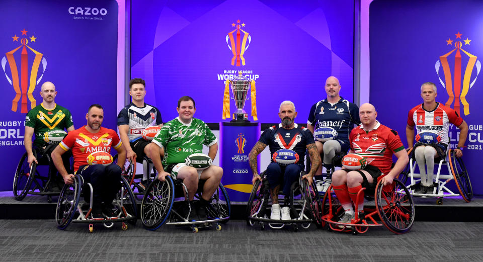 LONDON, ENGLAND - NOVEMBER 01: L-R: Brad Grove of Australia, JoÃ«l Lacombe of Spain, Tom Halliwell of England, Peter Johnston of Ireland, Gilles Clausells of France, Michael Mellon of Scotland, Stuart Williams of Wales and Jeff Townsend of United States pose for photographs during the Rugby League World Cup 2021 Wheelchair Tournament launch event on November 01, 2022 in London, England. (Photo by Tom Dulat/Getty Images for RLWC2021)