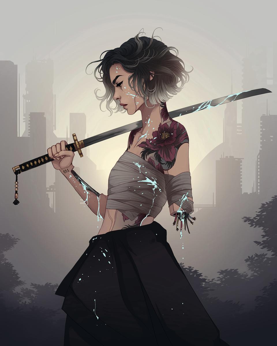 Artists new year resolutions 2024; a female fantasy sword fighter