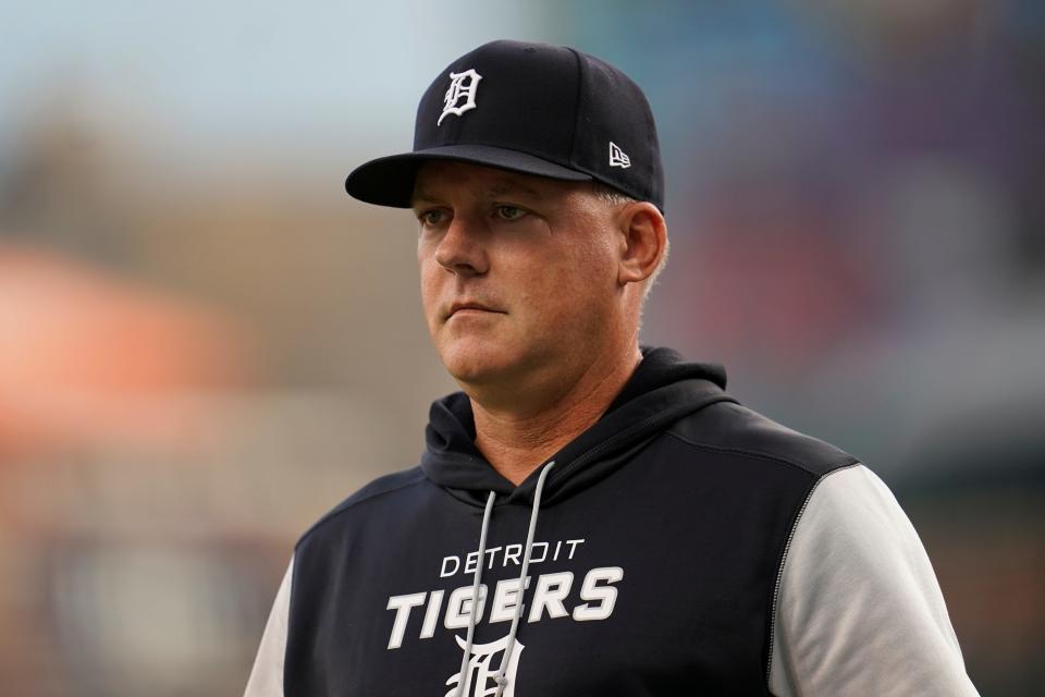 Tigers manager A.J. Hinch watches against the Giants in the first inning in Detroit, Tuesday, Aug. 23, 2022.