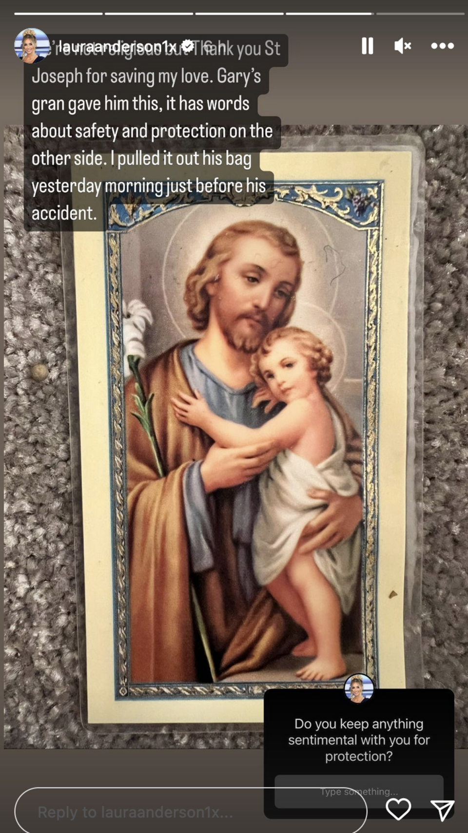 Laura Anderson shared a picture of a card of Saint Joseph which she said was gifted to boyfriend Gary Lucy by his grandmother (Laura Anderson)