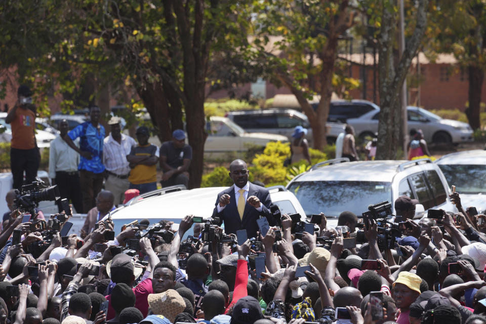 Zimbabwe's main opposition leader Nelson Chamisa addresses the press after casting his vote at a polling station in Harare, Wednesday, Aug. 23, 2023. Delays have marked voting in Zimbabwe as President Emmerson Mnangagwa seeks a second and final term in a country with a history of violent and disputed elections. (AP Photo/Tsvangirayi Mukwazhi)