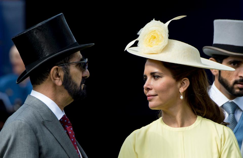 Princess Haya Bint Al Hussein and Sheikh Mohammed Bin Rashid Al Maktoum attend Derby day at Epsom Derby festival at Epsom Downs on June 3, 2017 in Epsom, England.