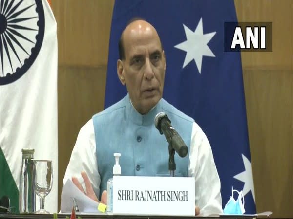 Defence Minister Rajnath Singh addressing the joint statement after the India-Australia 2+2 Ministerial Meeting.