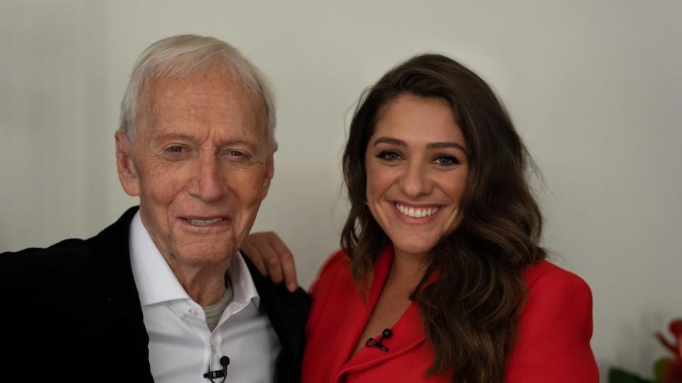 Jake is the brother of Channel 7 presenter Mylee Hogan, pictured with their famous grandfather.