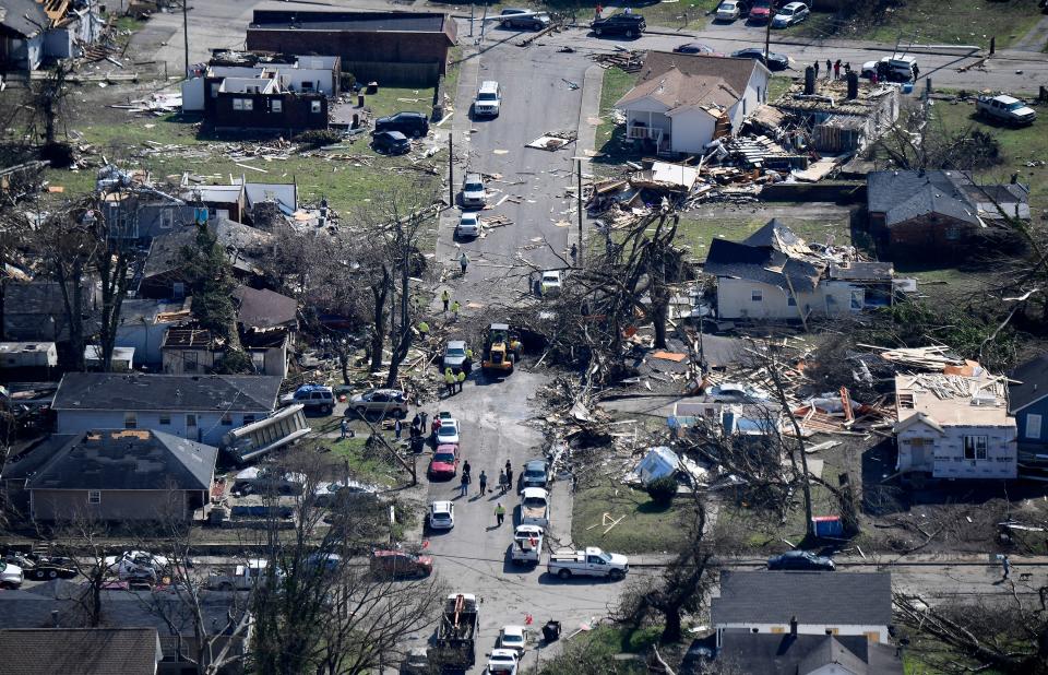 Damage in North Nashville as seen from a MNPD helicopter after a tornado touched down Tuesday, March 3, 2020 in Nashville, Tenn.