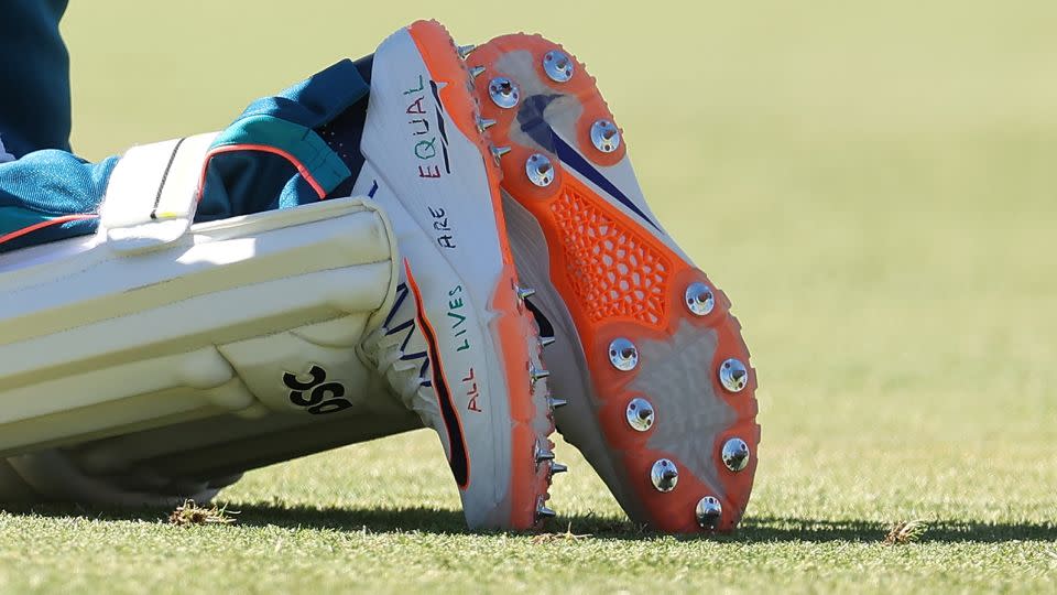 The shoes of Usman Khawaja pictured during an Australian nets session the at the WACA on December 11, 2023 in Perth, Australia. - Paul Kane/Getty Images