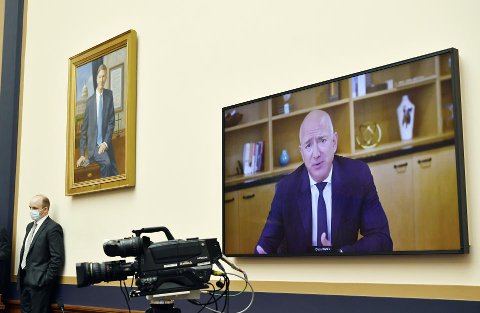 Amazon CEO Jeff Bezos testifies remotely during a House Judiciary subcommittee on antitrust on Capitol Hill on Wednesday, July 29, 2020, in Washington. (Mandel Ngan/Pool via AP)