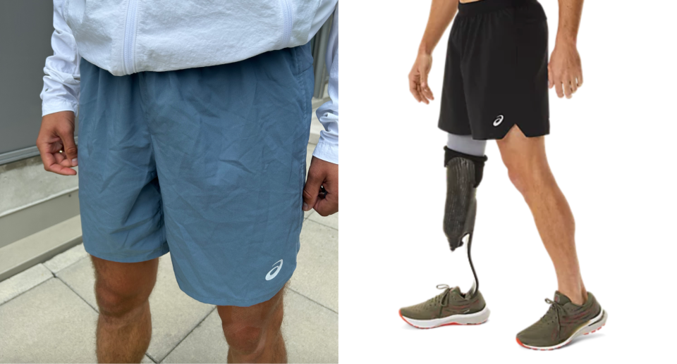 split screen of man wearing asics 7 inch running shorts in blue and black