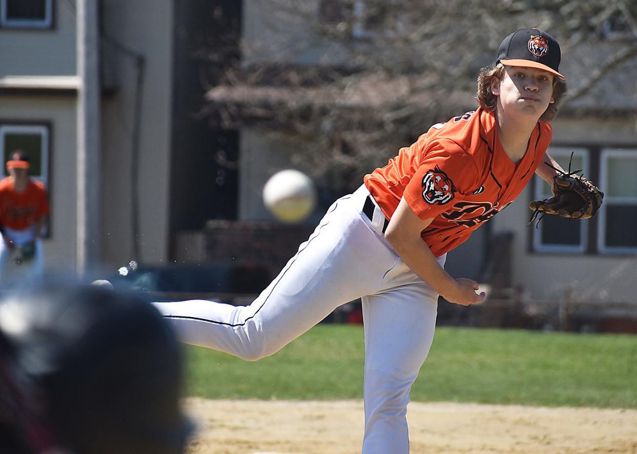 Diman pitcher Sam Perry throws a pitch during Monday's non-league game at Lafayette Park in Fall River Monday April 15 2024.