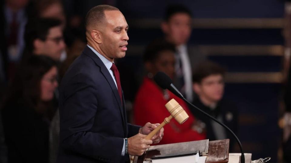 U.S. House Democratic Leader Hakeem Jeffries (D-NY) delivers remarks after House Republican Leader Kevin McCarthy (R-CA) was elected Speaker of the House in the House Chamber at the U.S. Capitol Building on January 07, 2023 in Washington, DC. (Photo by Win McNamee/Getty Images)