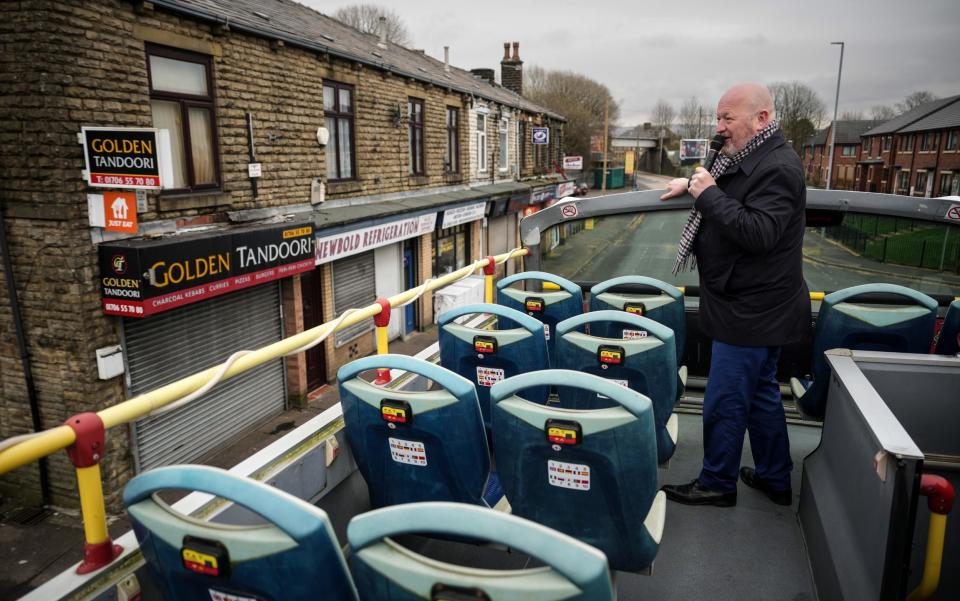 Simon Danczuk, the Reform UK candidate, campaigning on an open top bus