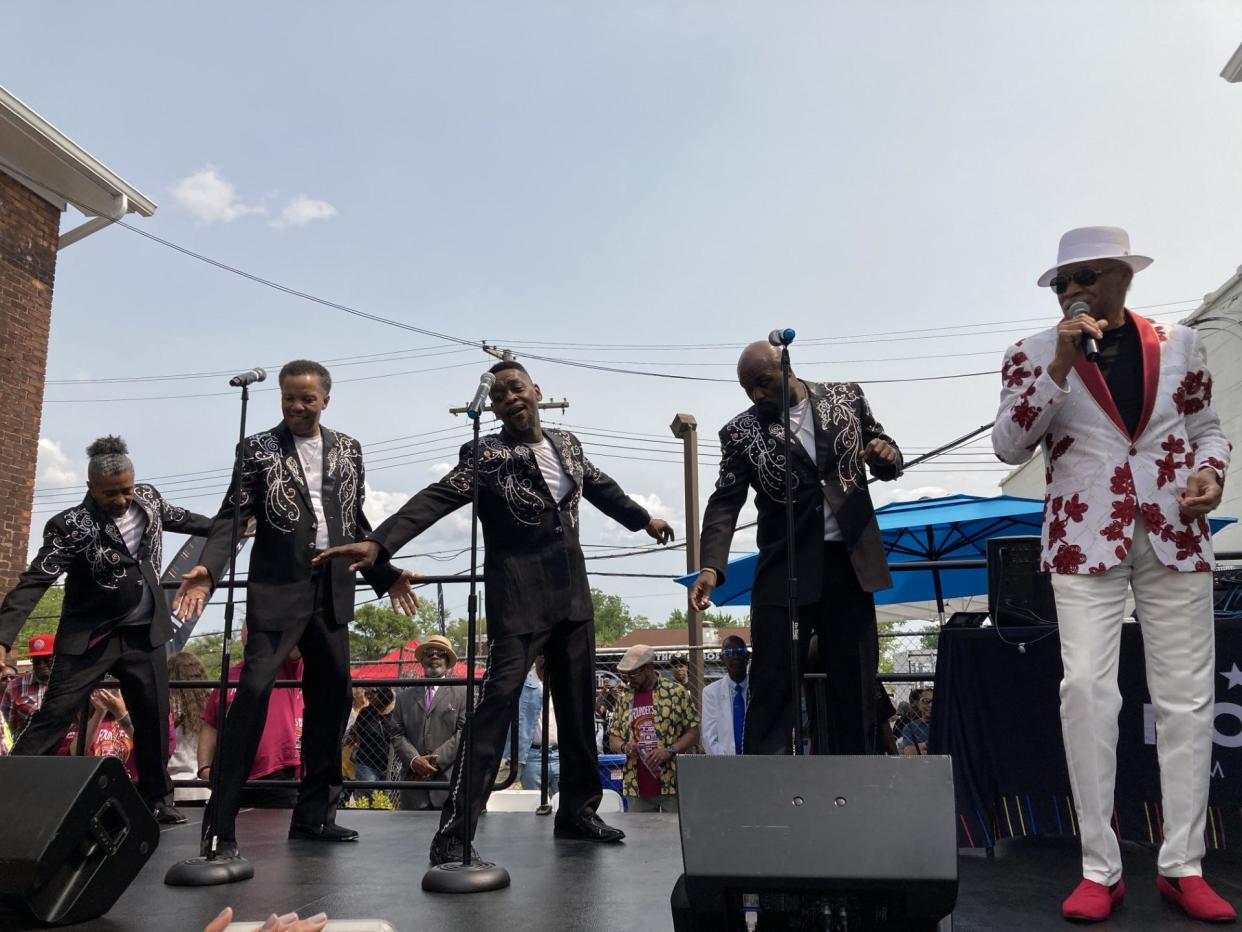 The Spinners are joined by former lead vocalist G.C. Cameron (right) for a performance outside the Motown Museum in Detroit during Founder's Day on May 21, 2023.