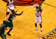 MIAMI, FL - JUNE 09: LeBron James #6 of the Miami Heat makes a deep three-pointer in the fourth quarter against the Boston Celtics in Game Seven of the Eastern Conference Finals in the 2012 NBA Playoffs on June 9, 2012 at American Airlines Arena in Miami, Florida.(Photo by J. Meric/Getty Images)