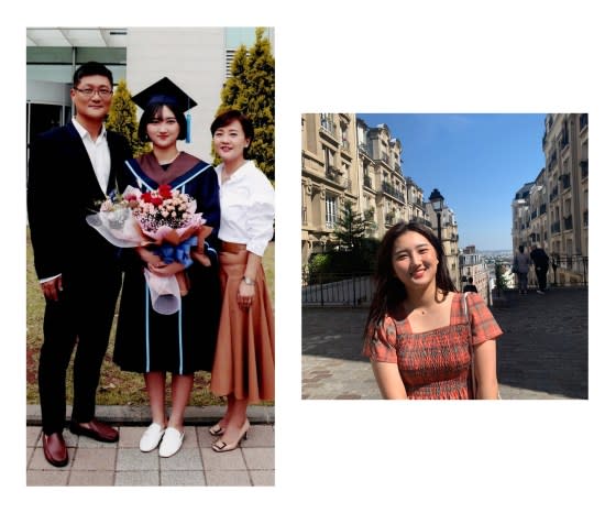 Left: Yujin Choi, alongside her parents, on her graduation day at NLCS Jeju in June 2019. Right: Yujin in France in July 2019. “We all love her smile. But we all didn’t know that this photo will be used [for] her memorial alter photo,” says her father Joung-Joo Choi.<span class="copyright">Courtesy Choi</span>