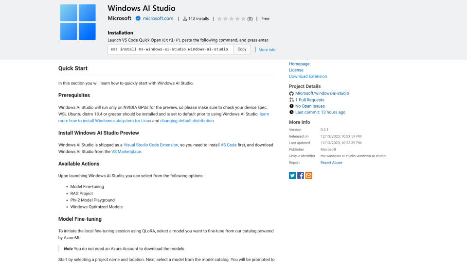 The Windows AI Studio marketplace listing