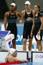 Jul 28, 2012; London, United Kingdom; The USA relay team of Lia Neil , Amanda Weir , Natalie Coughlin and Allison Schmitt during a women's 4x100m freestyle relay heat during the 2012 London Olympic Games at Aquatics Centre. Mandatory Credit: Rob Schumacher-USA TODAY Sports