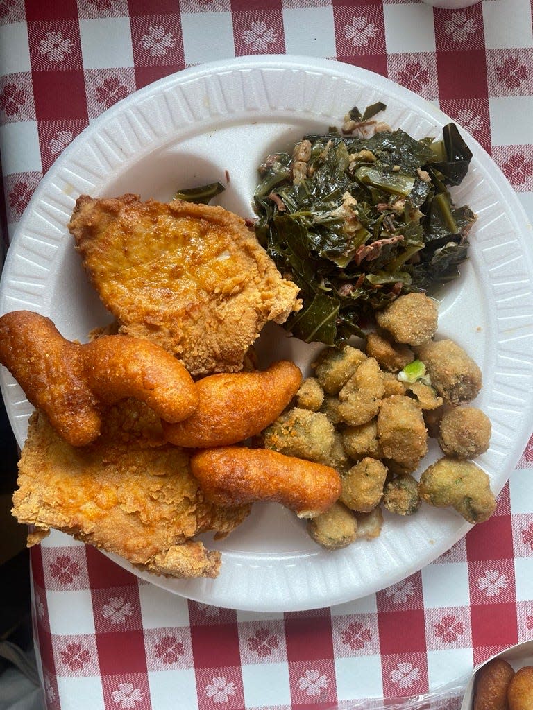Fried pork chops, hush puppies, collard greens and fried okra from Great Grandson's Meat & 3 on Gillespie Street in Fayetteville.